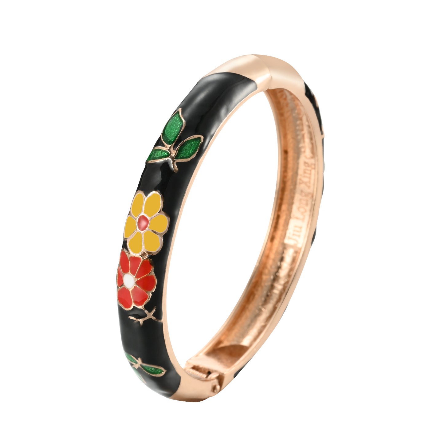 UJOY Cloisonne Bangle Black Rose Gold Bracelet with Multicolored Floral Motif Gifts for Women Girls