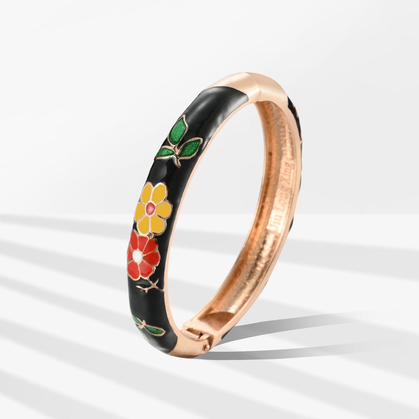 UJOY Cloisonne Bangle Black Rose Gold Bracelet with Multicolored Floral Motif Gifts for Women Girls