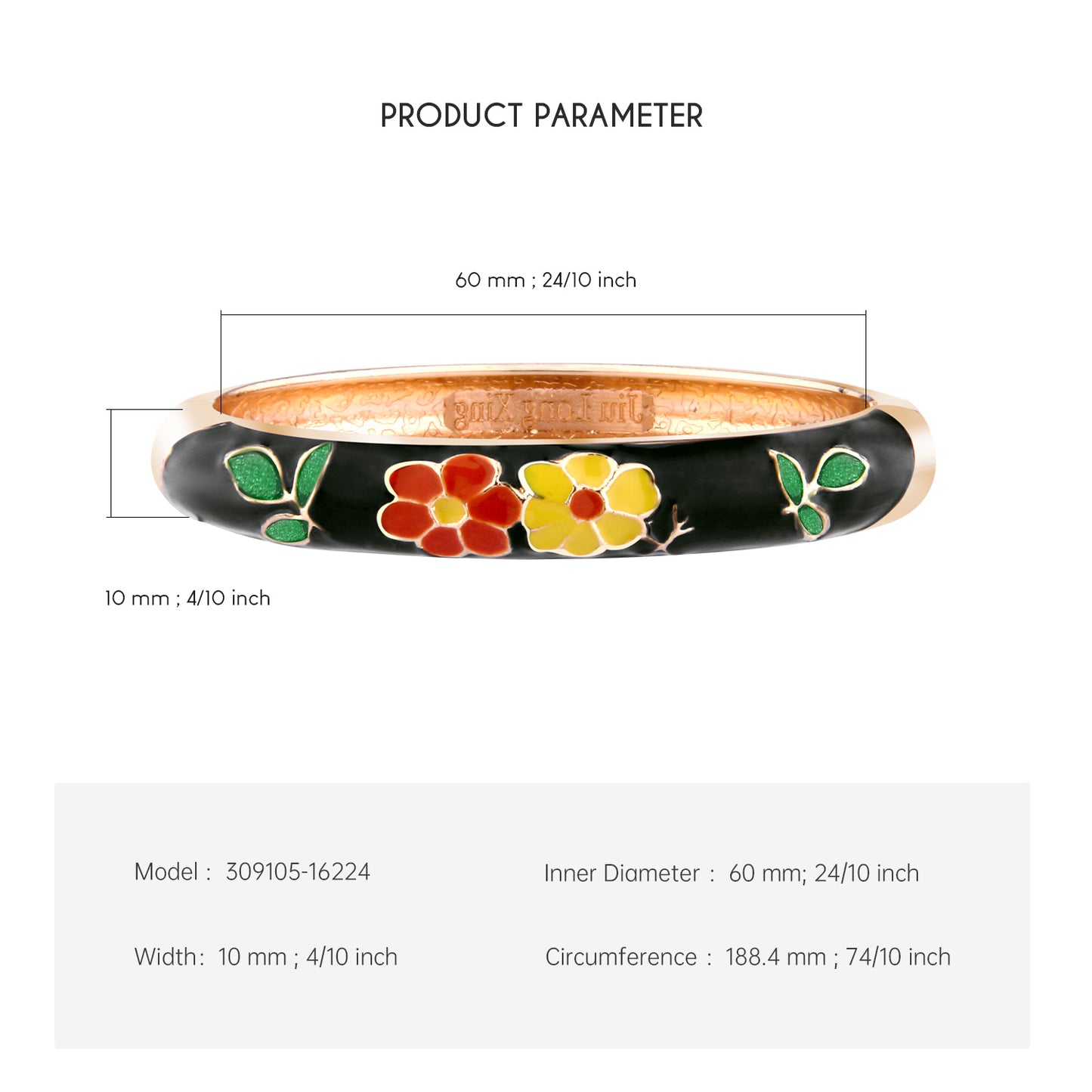 UJOY Cloisonne Bangle Black Rose Gold Bracelet with Multicolored Floral Motif Gifts for Women Girls