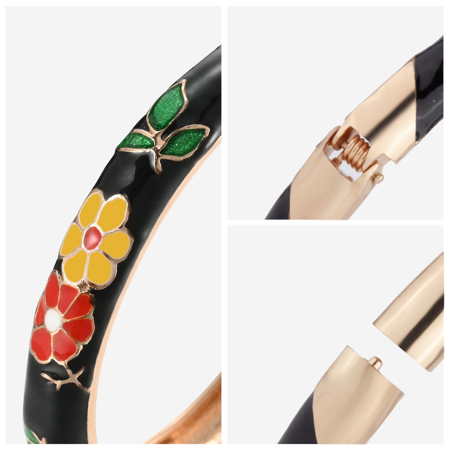 UJOY Cloisonne Bangle Black Rose Gold Bracelet with Multicolored Floral Motif Gifts for Women Girls