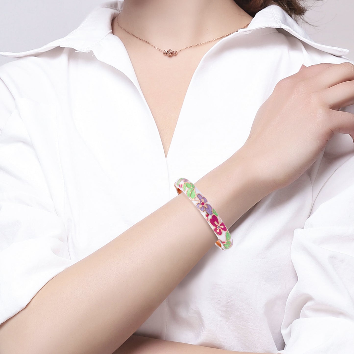 UJOY Cloisonne Bangle Colorful Flower Leaf Pattern Rose Gold Bracelet Gifts for Women Girls 322105