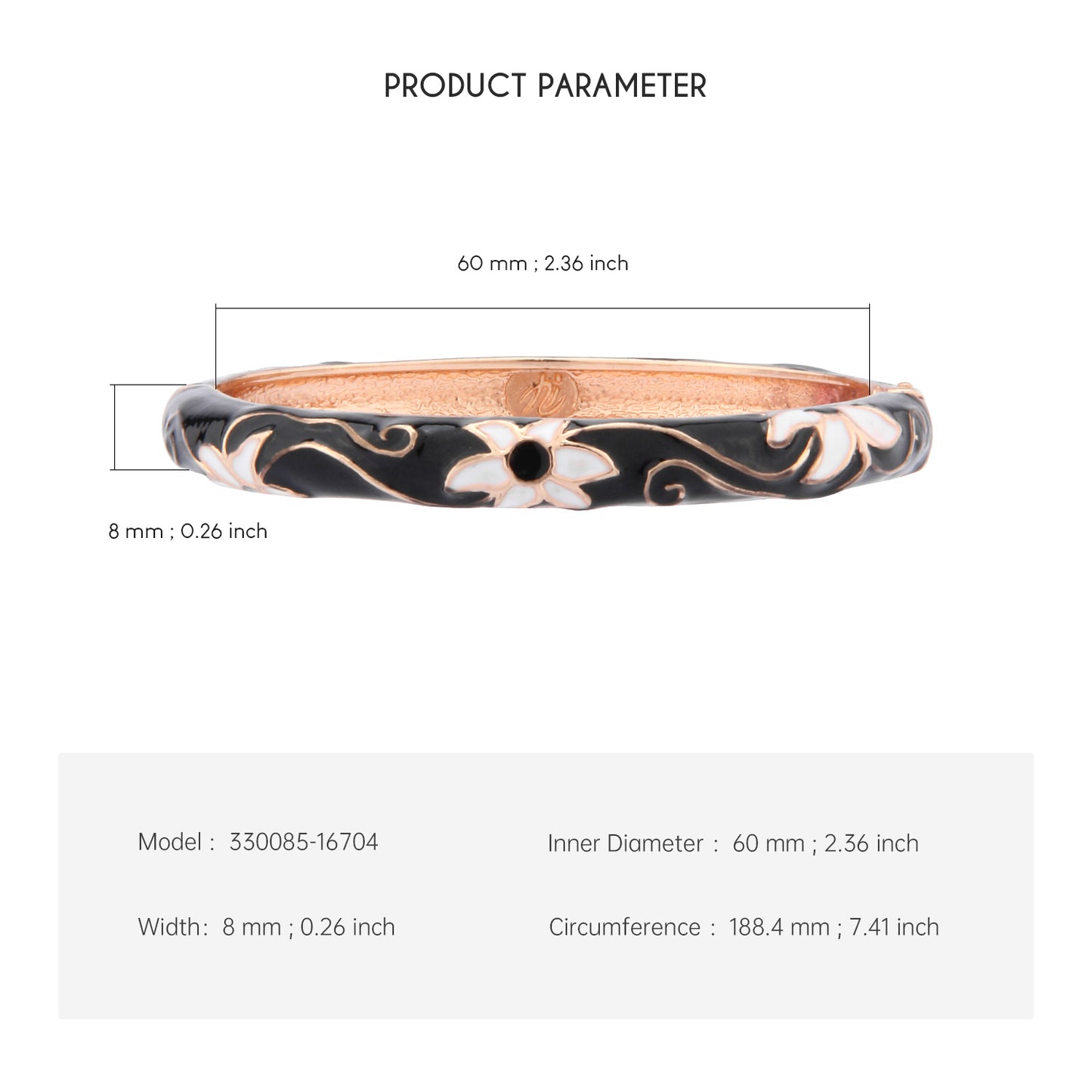 UJOY Cloisonne Bangle Black and White Floral Rose Gold Bracelet Gifts for Women Girls