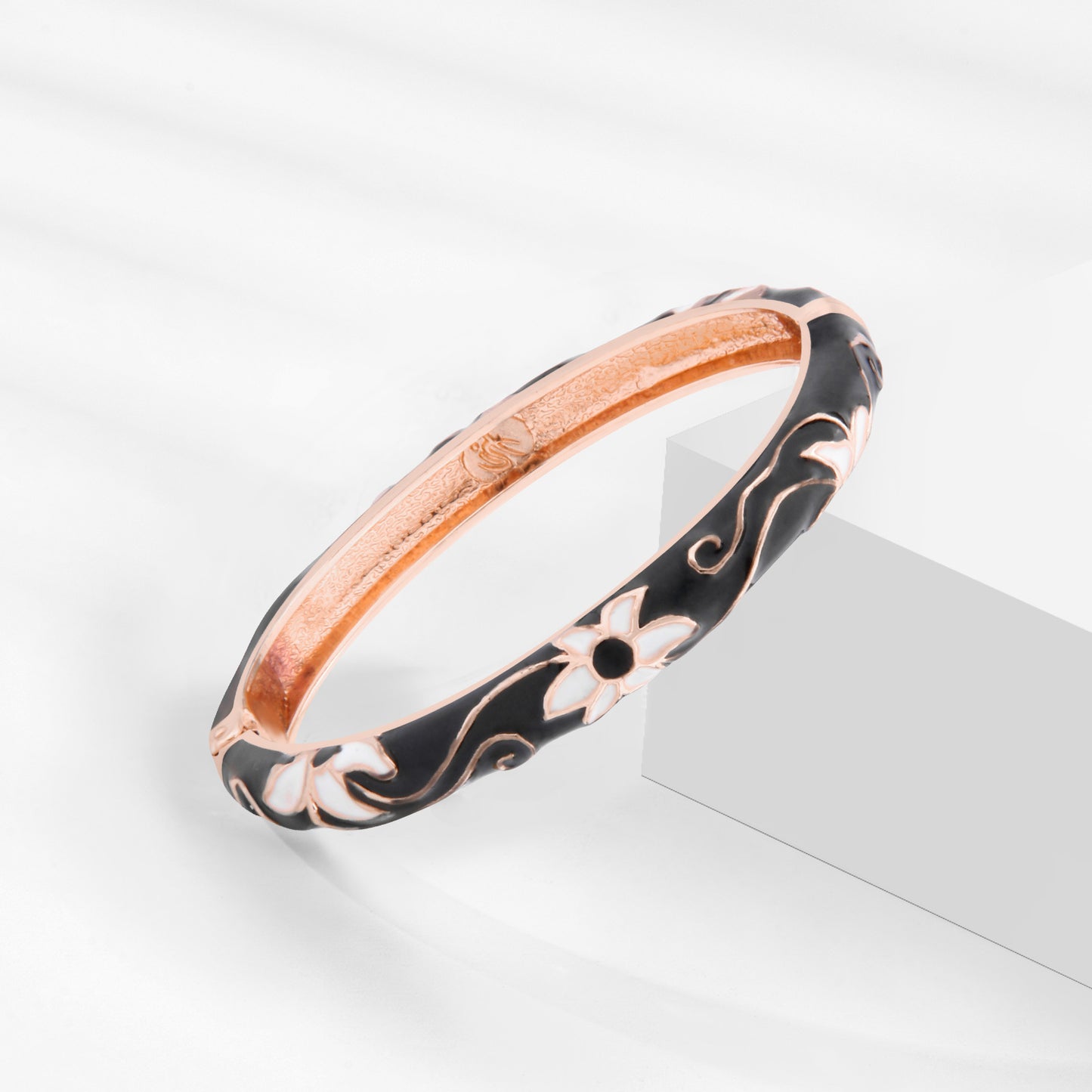 UJOY Cloisonne Bangle Black and White Floral Rose Gold Bracelet Gifts for Women Girls