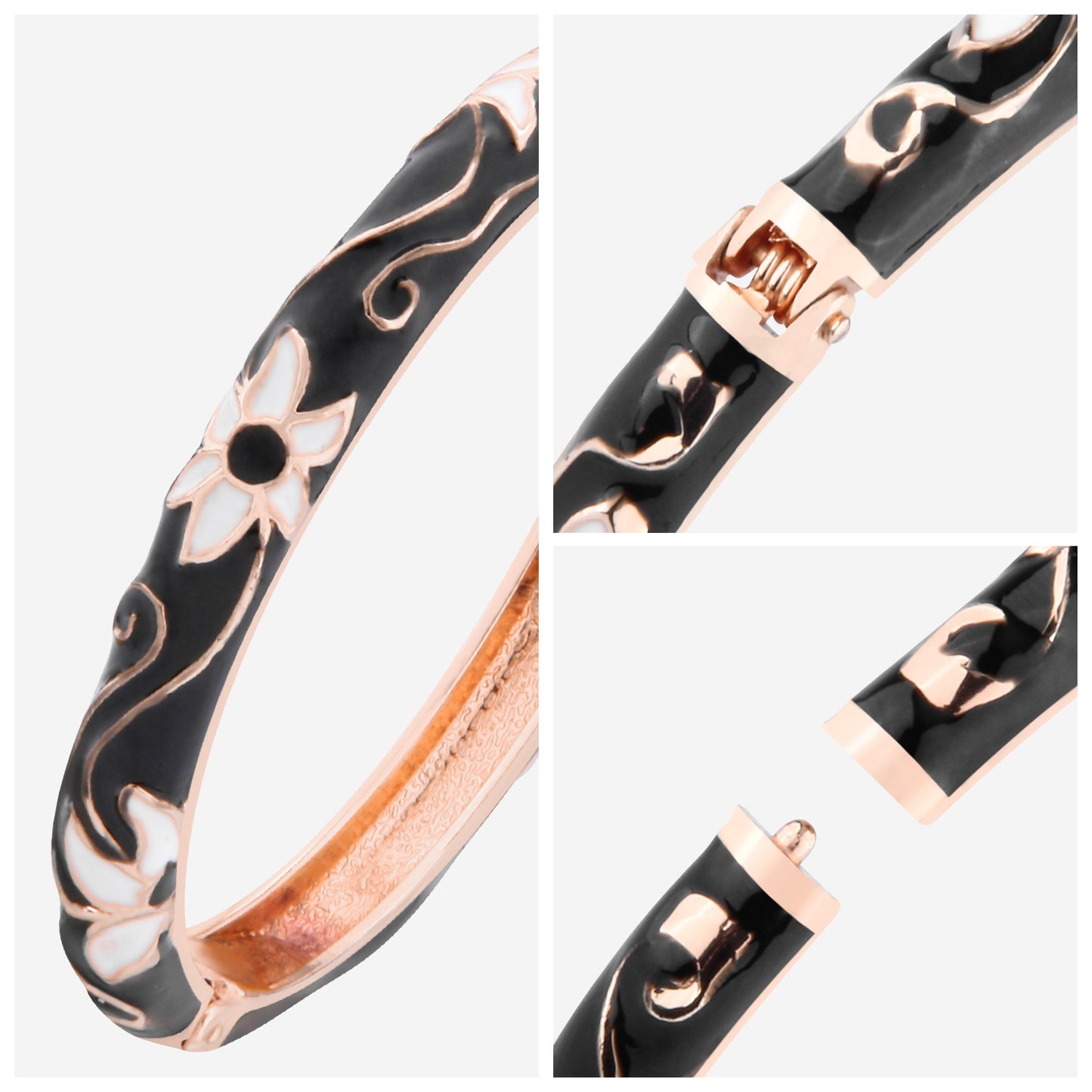 UJOY Cloisonne Bangle Black and White Floral Rose Gold Bracelet Gifts for Women Girls