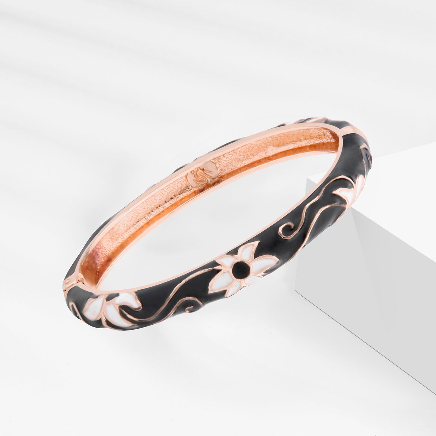 UJOY Cloisonne Bangle Black and White Floral Rose Gold Bracelet Gifts for Women Girls
