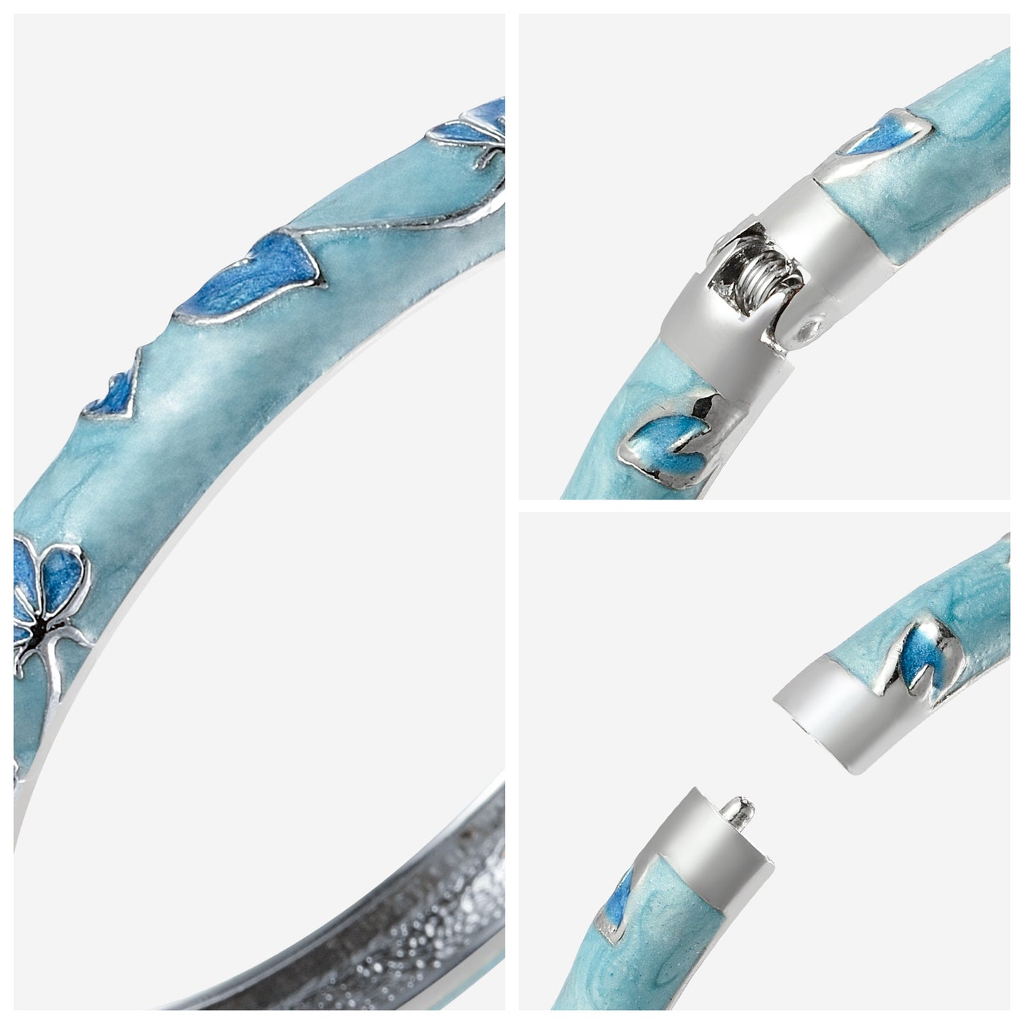 UJOY Cloisonne Bangle Mint Green and Blue Butterfly Pattern Silver Bracelet Gifts for Women Girls