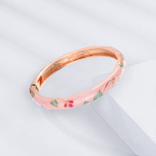 Cargar imagen en el visor de la galería, Pink Floral Cloisonne Enamel Hinged Bangle - Rose Gold Plated Zinc Alloy Chinese Bracelet for Women