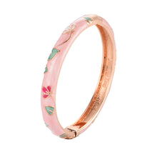 Cargar imagen en el visor de la galería, Pink Floral Cloisonne Enamel Hinged Bangle - Rose Gold Plated Zinc Alloy Chinese Bracelet for Women