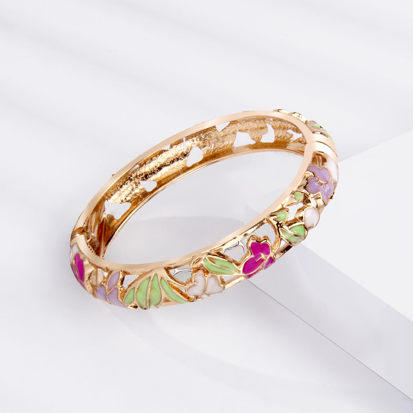 UJOY Cloisonne Bangle Gold Openwork Floral Ring Gifts for Women Girls