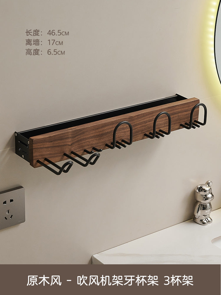 Hairdryer and 3 Cups Holders Walnut Wood with Black Zinc Alloy Hanger