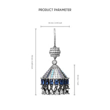 Cargar imagen en el visor de la galería, UJOY Tent-Shaped Tassel Drop Earrings – Gunmetal Tone with Blue &amp; Black Rhinestones