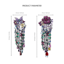 Cargar imagen en el visor de la galería, UJOY Butterfly &amp; Flower Chandelier Earrings – Gunmetal Tone with Multicolor Rhinestones