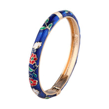 Load image into Gallery viewer, UJOY Cloisonne Bangle Dark Blue Floral Pattern Gold-rimmed Bracelet Gifts for Women Girls 412085