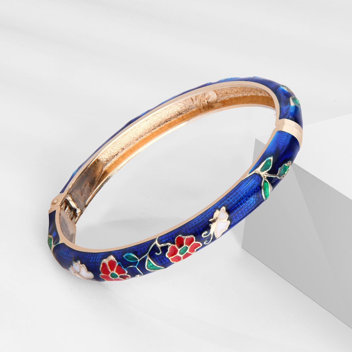 UJOY Cloisonne Bangle Dark Blue Floral Pattern Gold-rimmed Bracelet Gifts for Women Girls 412085