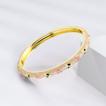 Load image into Gallery viewer, UJOY Vintage Gold Plated Cloisonne Enamel Hinged Bangle, Tiny Bee &amp; Floral Motif Bracelet for Women, Dainty Stackable Jewelry Gift