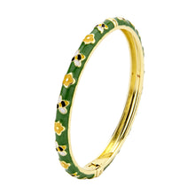 Load image into Gallery viewer, UJOY Vintage Gold Plated Cloisonne Enamel Hinged Bangle, Dark Green with Bee &amp; Yellow Flower Motif Bracelet for Women, Dainty Stackable Jewelry Gift