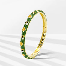 Load image into Gallery viewer, UJOY Vintage Gold Plated Cloisonne Enamel Hinged Bangle, Dark Green with Bee &amp; Yellow Flower Motif Bracelet for Women, Dainty Stackable Jewelry Gift