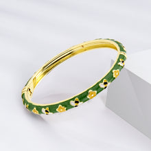 Load image into Gallery viewer, UJOY Vintage Gold Plated Cloisonne Enamel Hinged Bangle, Dark Green with Bee &amp; Yellow Flower Motif Bracelet for Women, Dainty Stackable Jewelry Gift