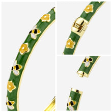 Load image into Gallery viewer, UJOY Vintage Gold Plated Cloisonne Enamel Hinged Bangle, Dark Green with Bee &amp; Yellow Flower Motif Bracelet for Women, Dainty Stackable Jewelry Gift