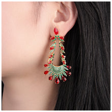 Cargar imagen en el visor de la galería, UJOY Bib-Style Drop Earrings – Gold Plated with Red &amp; Green Rhinestones