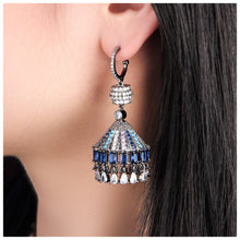 Cargar imagen en el visor de la galería, UJOY Tent-Shaped Tassel Drop Earrings – Gunmetal Tone with Blue &amp; Black Rhinestones