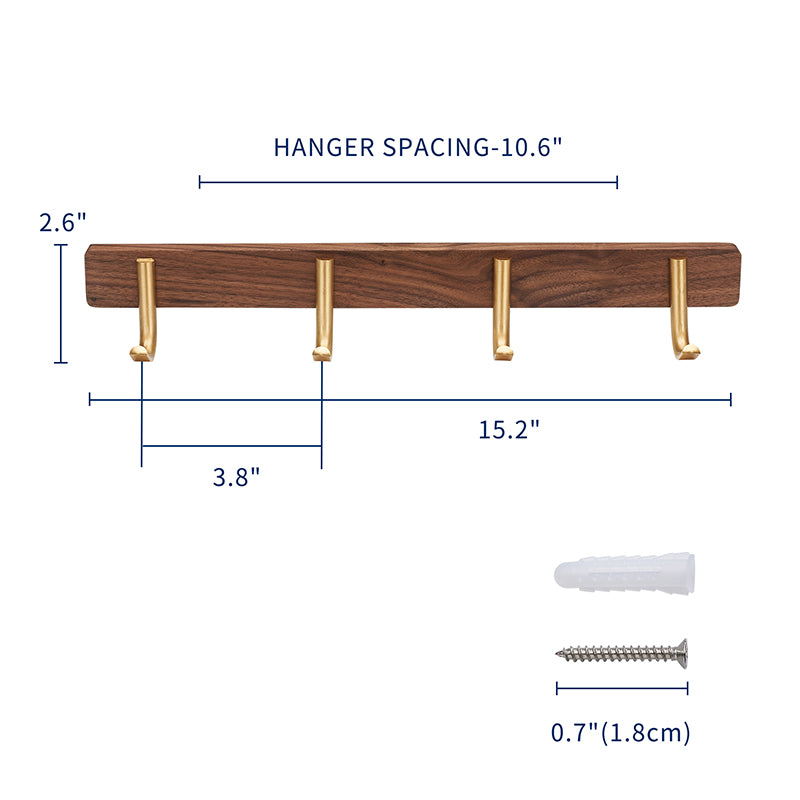 SARIHOSY 4 Hangers Rack Walnut Wood Gold Plated Zinc Alloy Hooks Rack Wall Mounted for Bathroom Kitchen 101-4
