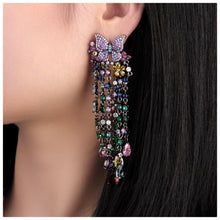 Cargar imagen en el visor de la galería, UJOY Butterfly &amp; Flower Chandelier Earrings – Gunmetal Tone with Multicolor Rhinestones
