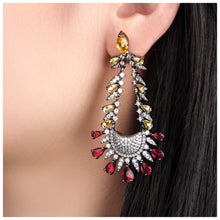 Cargar imagen en el visor de la galería, UJOY Bib-Style Chandelier Earrings – Gunmetal Tone with Multicolor Rhinestones