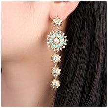 Cargar imagen en el visor de la galería, UJOY Mint Green Floral Drop Earrings – Gold Plated Zinc Alloy with Crystal Rhinestones