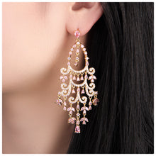Cargar imagen en el visor de la galería, UJOY Palace-Style Chandelier Earrings – Gold Plated with Pink Rhinestones