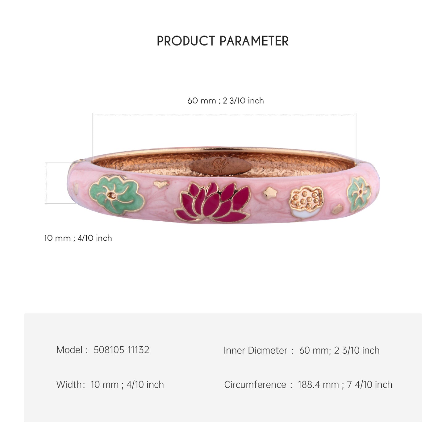 UJOY Cloisonne Bangle Pink Floral and Bird-Patterned Rose Gold Bracelet Gifts for Women Girls 508105