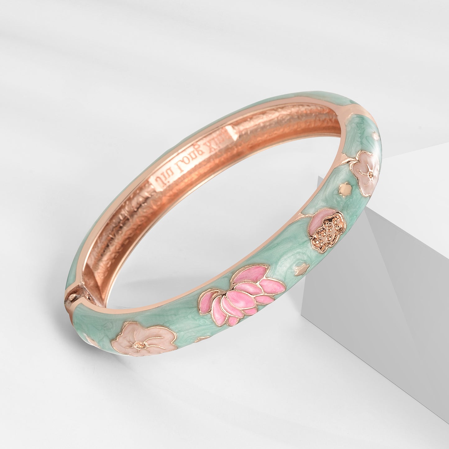 UJOY Cloisonne Bangle Pink Floral and Bird-Patterned Rose Gold Bracelet Gifts for Women Girls 508105