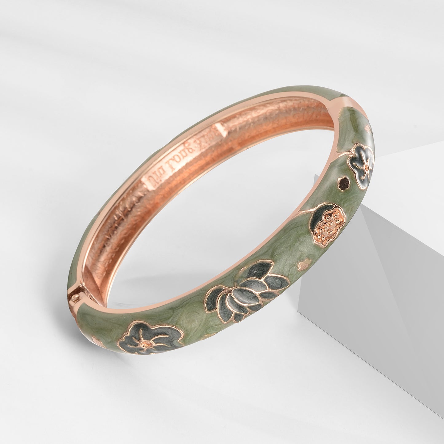 UJOY Cloisonne Bangle Pink Floral and Bird-Patterned Rose Gold Bracelet Gifts for Women Girls 508105