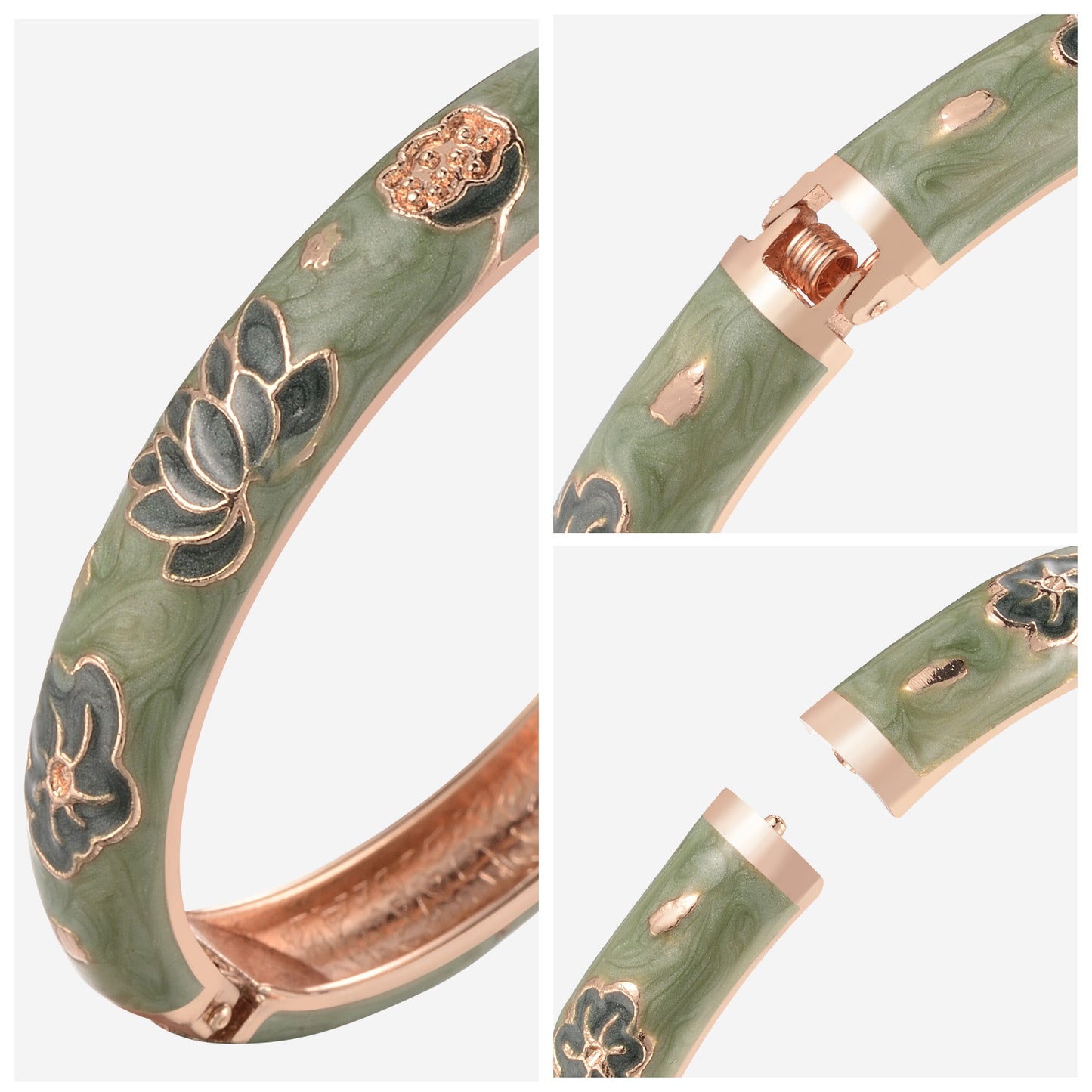 UJOY Cloisonne Bangle Pink Floral and Bird-Patterned Rose Gold Bracelet Gifts for Women Girls 508105