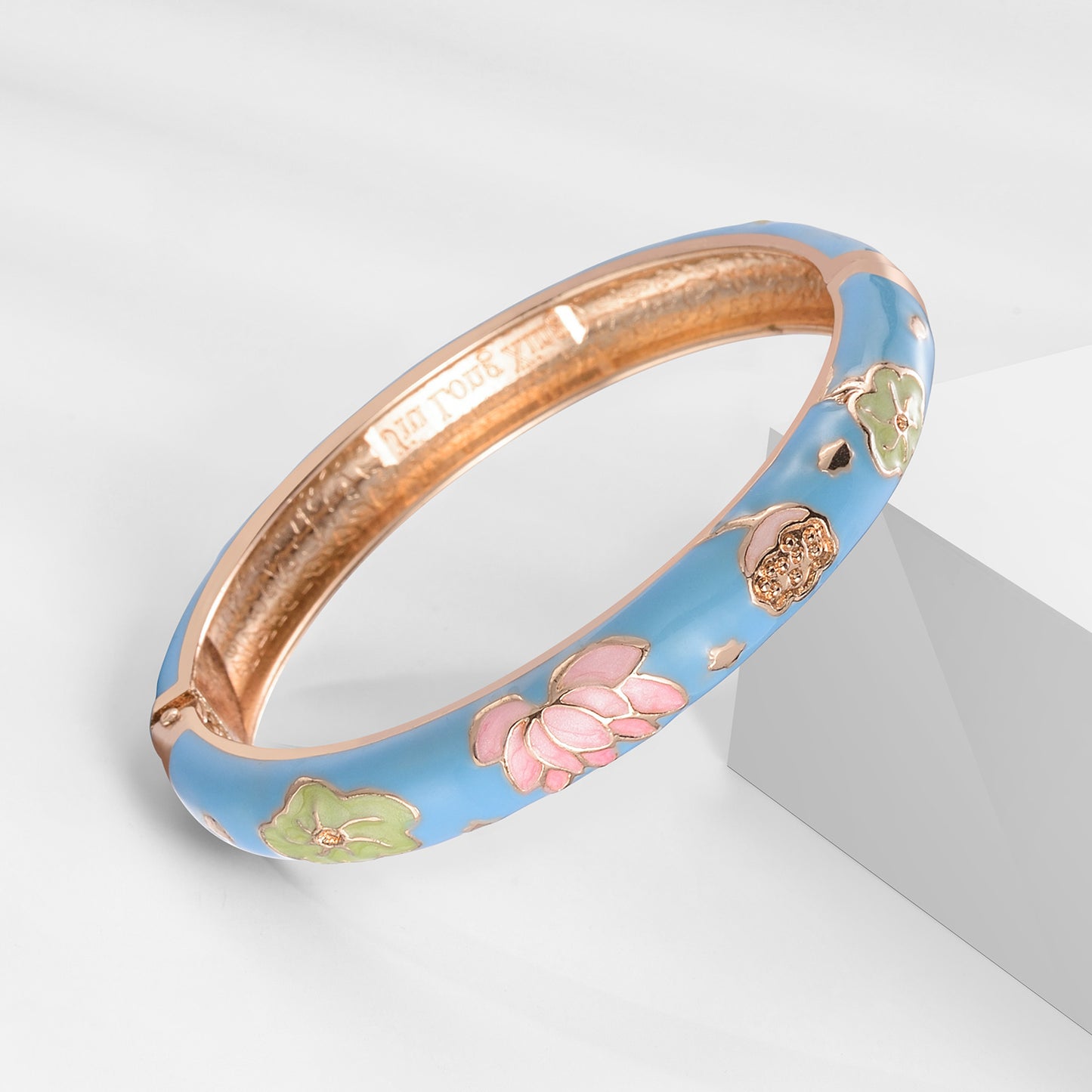 UJOY Cloisonne Bangle Pink Floral and Bird-Patterned Rose Gold Bracelet Gifts for Women Girls 508105
