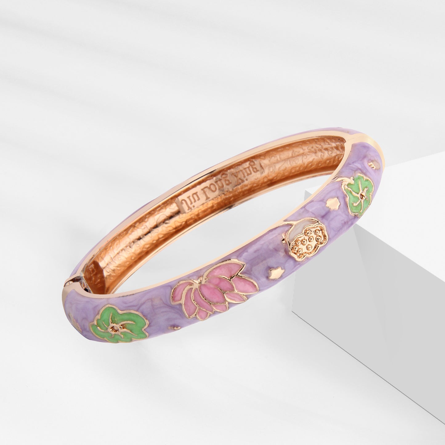 UJOY Cloisonne Bangle Pink Floral and Bird-Patterned Rose Gold Bracelet Gifts for Women Girls 508105