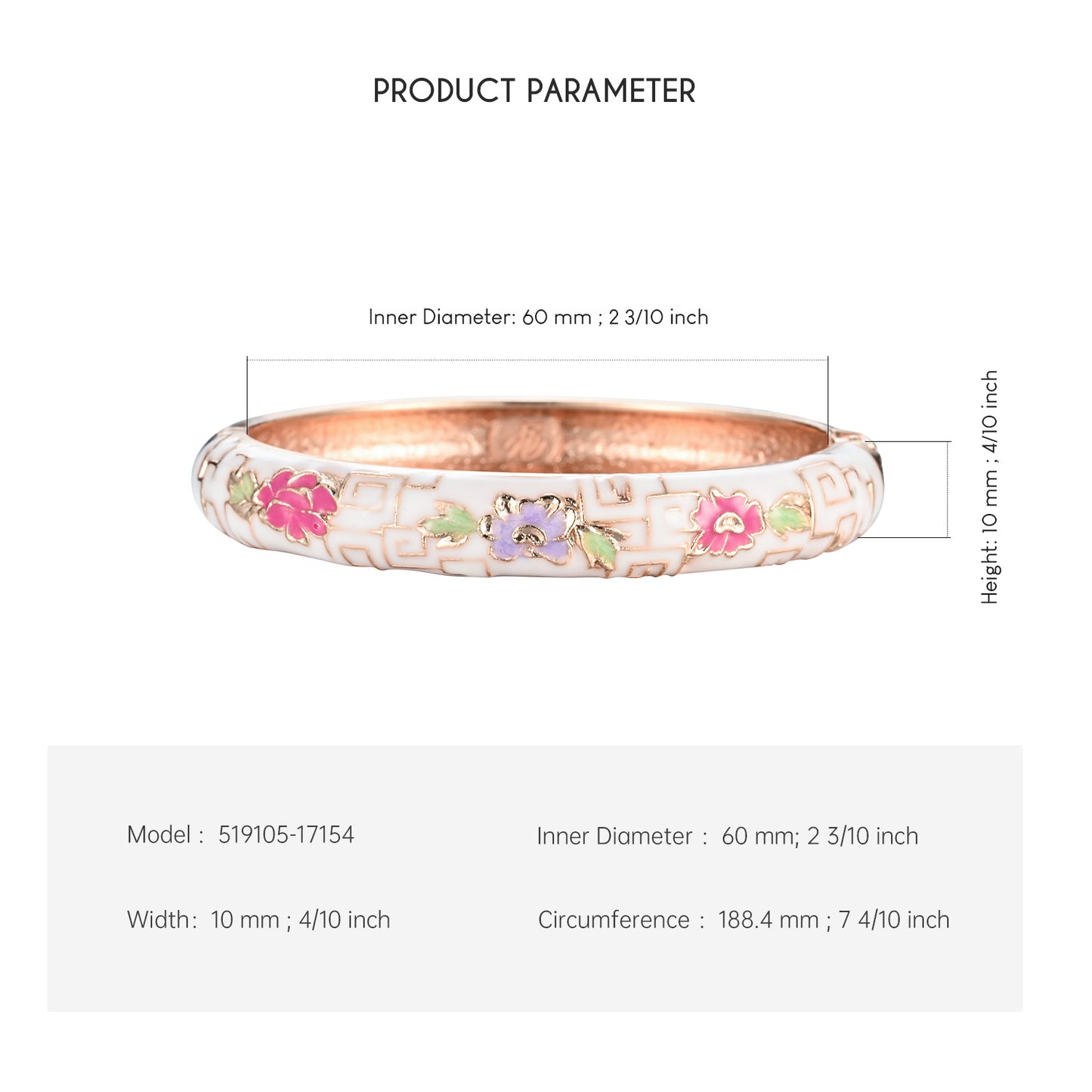 UJOY Cloisonne Bangle Ivory White Multicolored Floral Rose Gold Bracelet Gifts for Women Girls