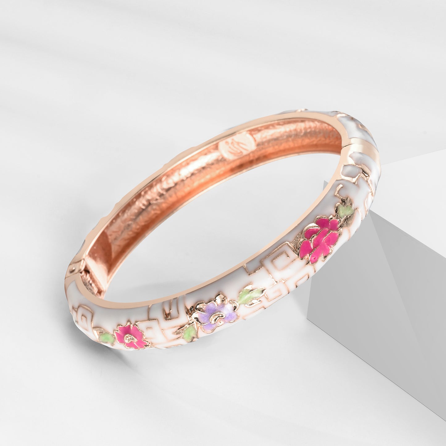UJOY Cloisonne Bangle Ivory White Multicolored Floral Rose Gold Bracelet Gifts for Women Girls