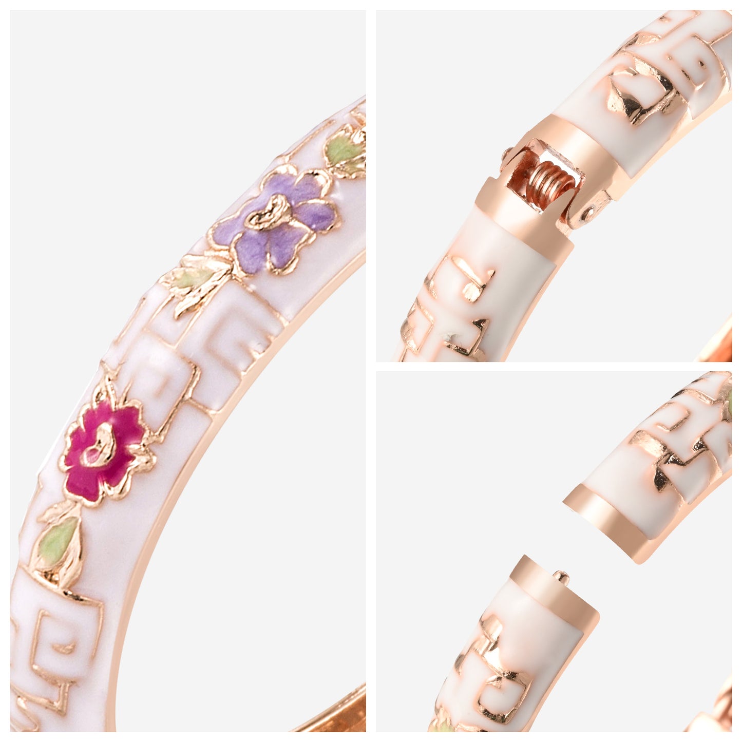 UJOY Cloisonne Bangle Ivory White Multicolored Floral Rose Gold Bracelet Gifts for Women Girls