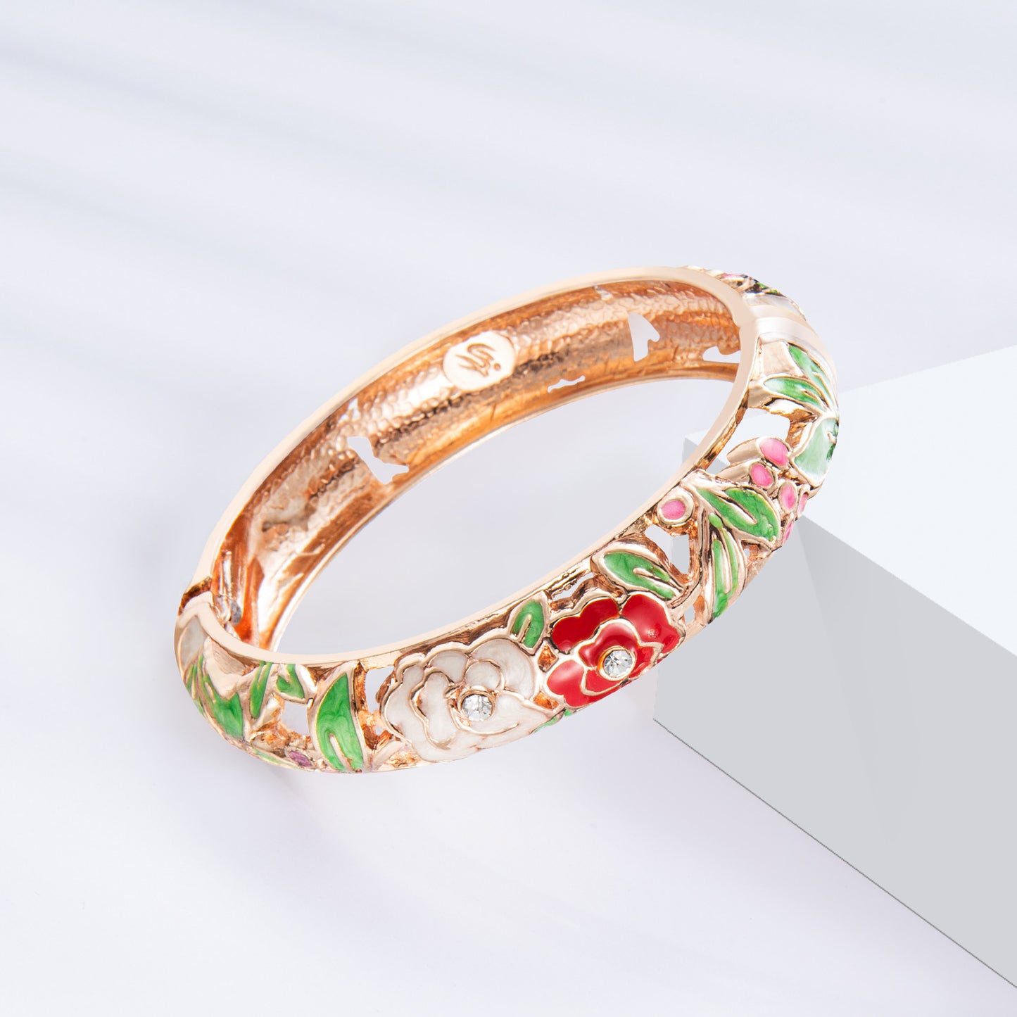 UJOY Cloisonne Bangle Rose Gold Black Butterfly Pattern Skeleton Bracelet 540145
