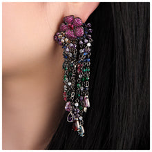 Cargar imagen en el visor de la galería, UJOY Butterfly &amp; Flower Chandelier Earrings – Gunmetal Tone with Multicolor Rhinestones