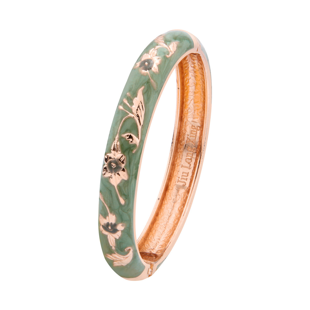 UJOY Cloisonne Bangle White Green Floral Rose Gold Bracelet Gifts for Women Girls 605105