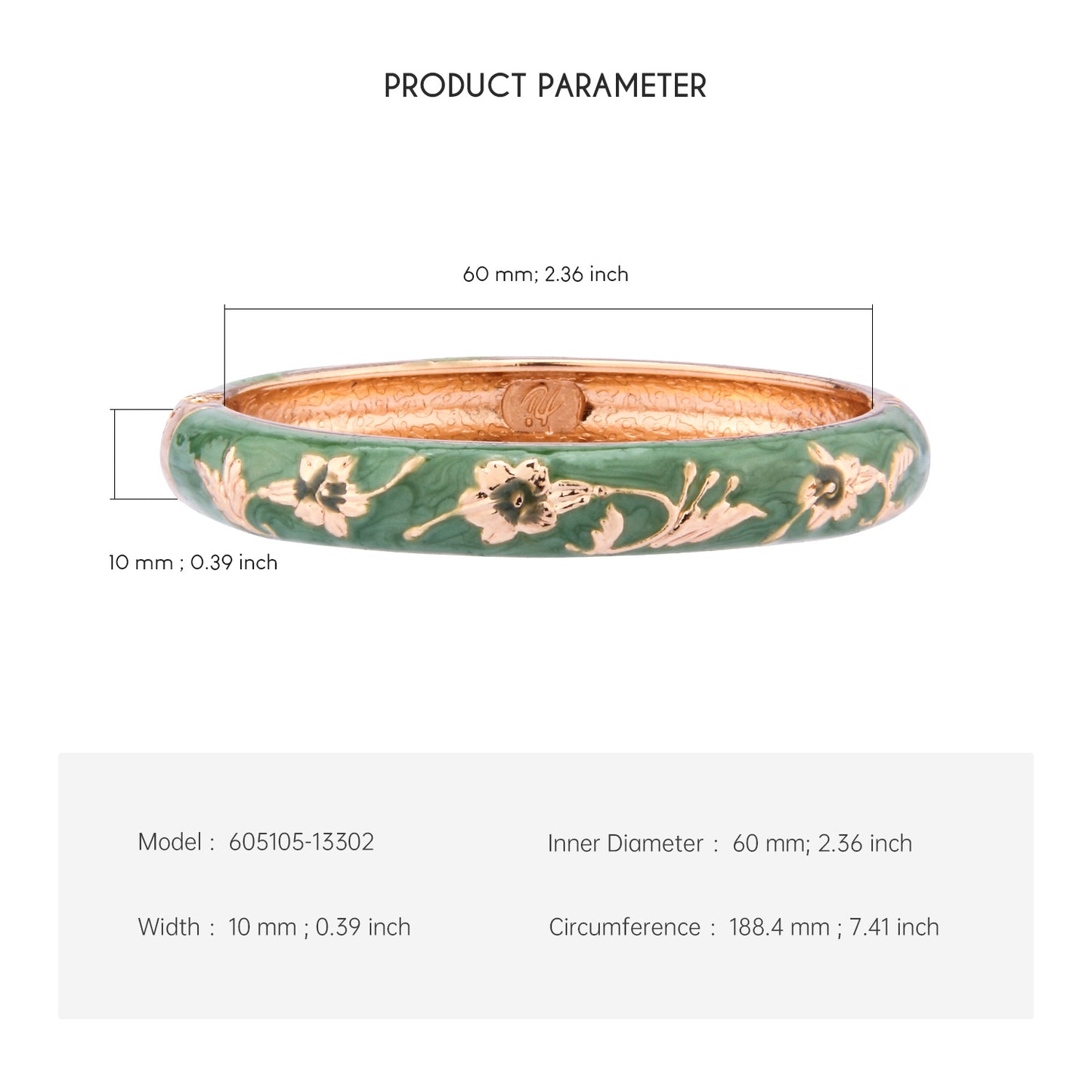 UJOY Cloisonne Bangle White Green Floral Rose Gold Bracelet Gifts for Women Girls 605105
