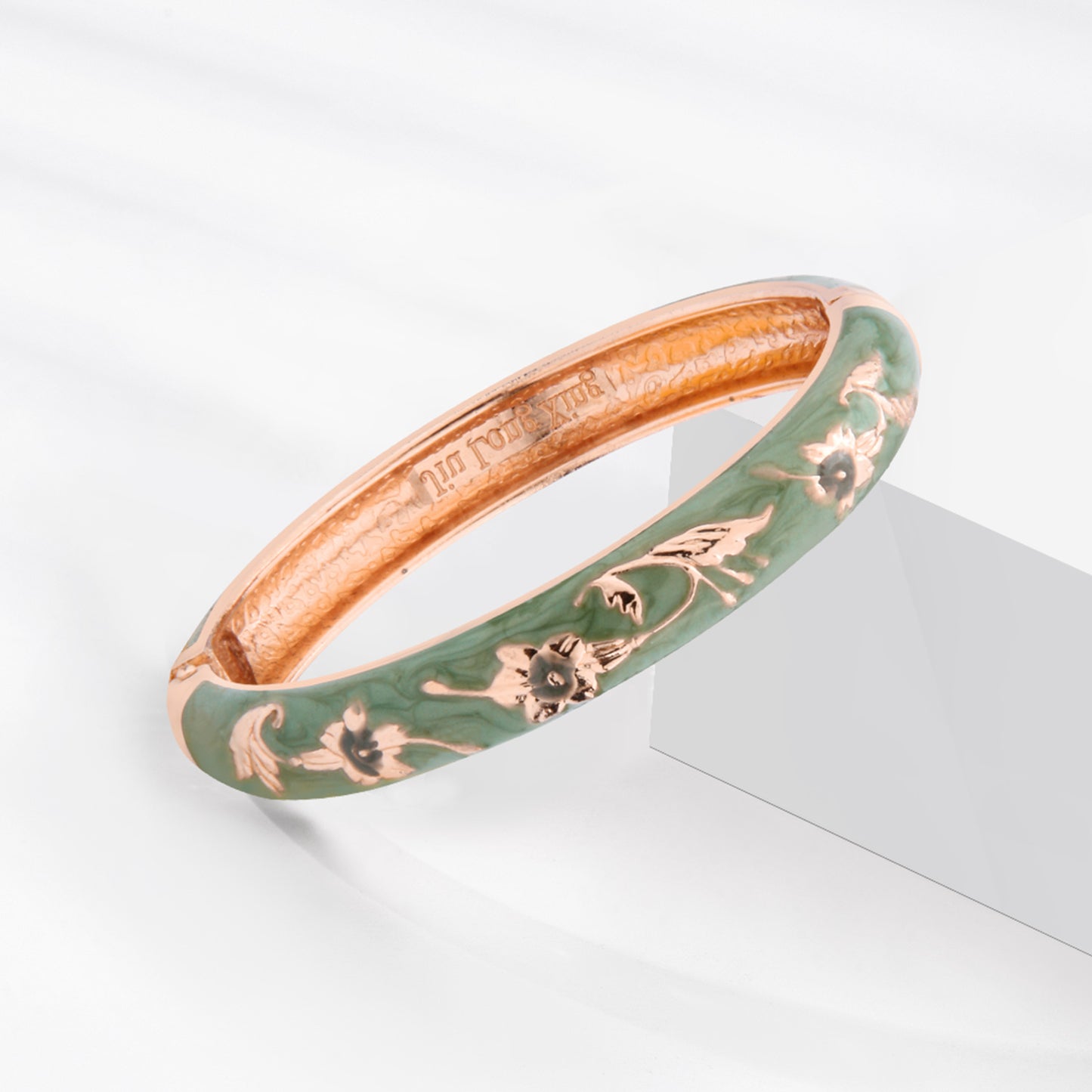 UJOY Cloisonne Bangle White Green Floral Rose Gold Bracelet Gifts for Women Girls 605105