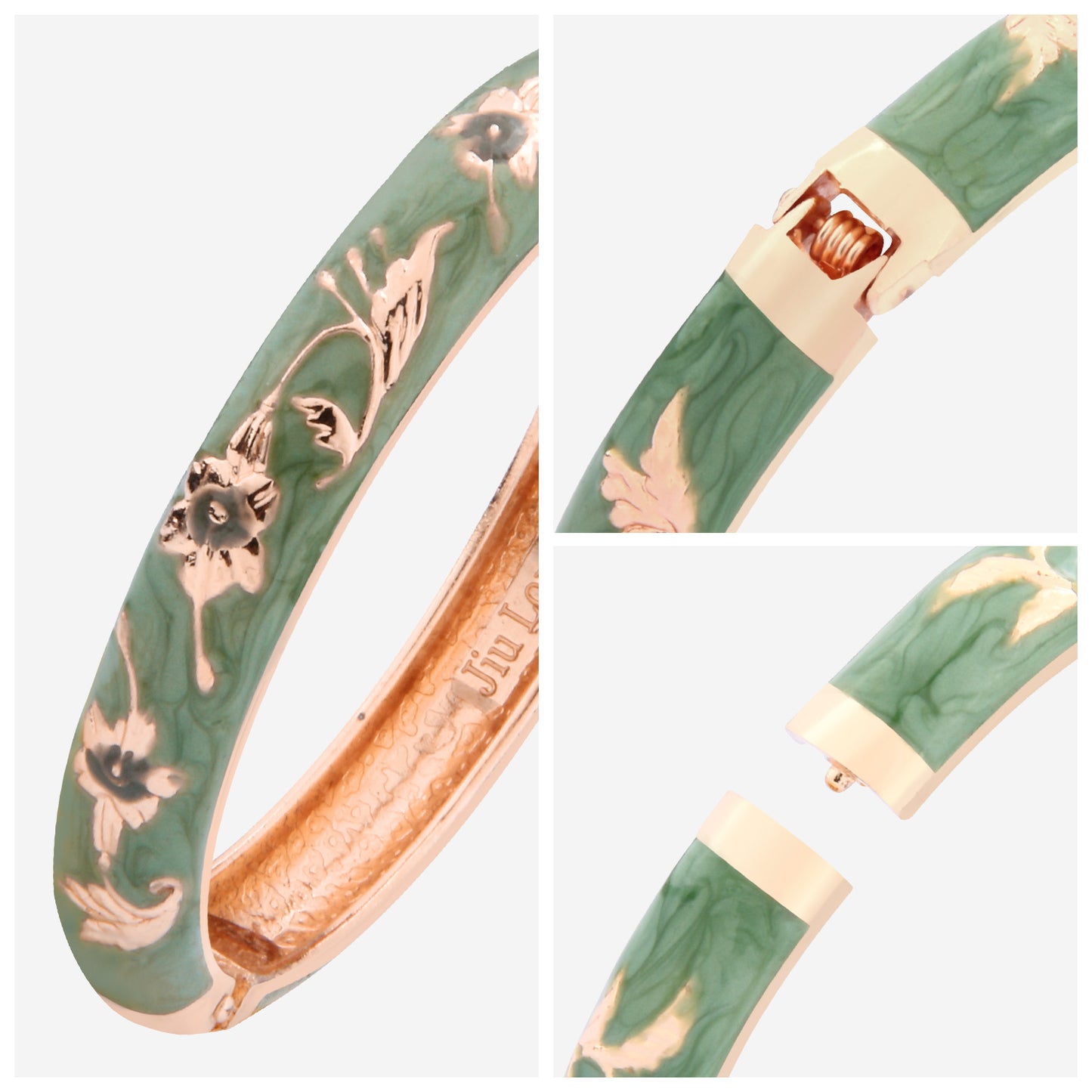 UJOY Cloisonne Bangle White Green Floral Rose Gold Bracelet Gifts for Women Girls 605105