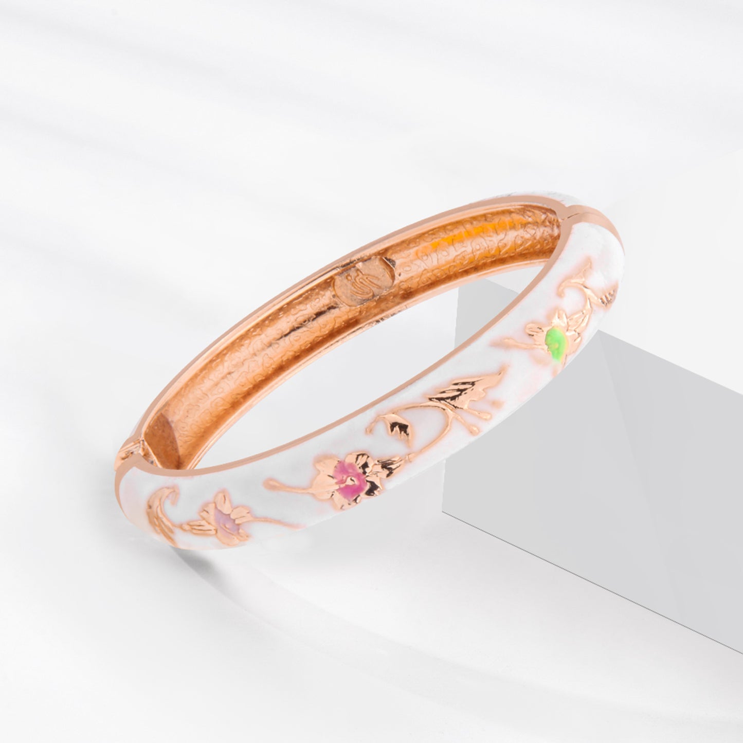 UJOY Cloisonne Bangle White Green Floral Rose Gold Bracelet Gifts for Women Girls 605105