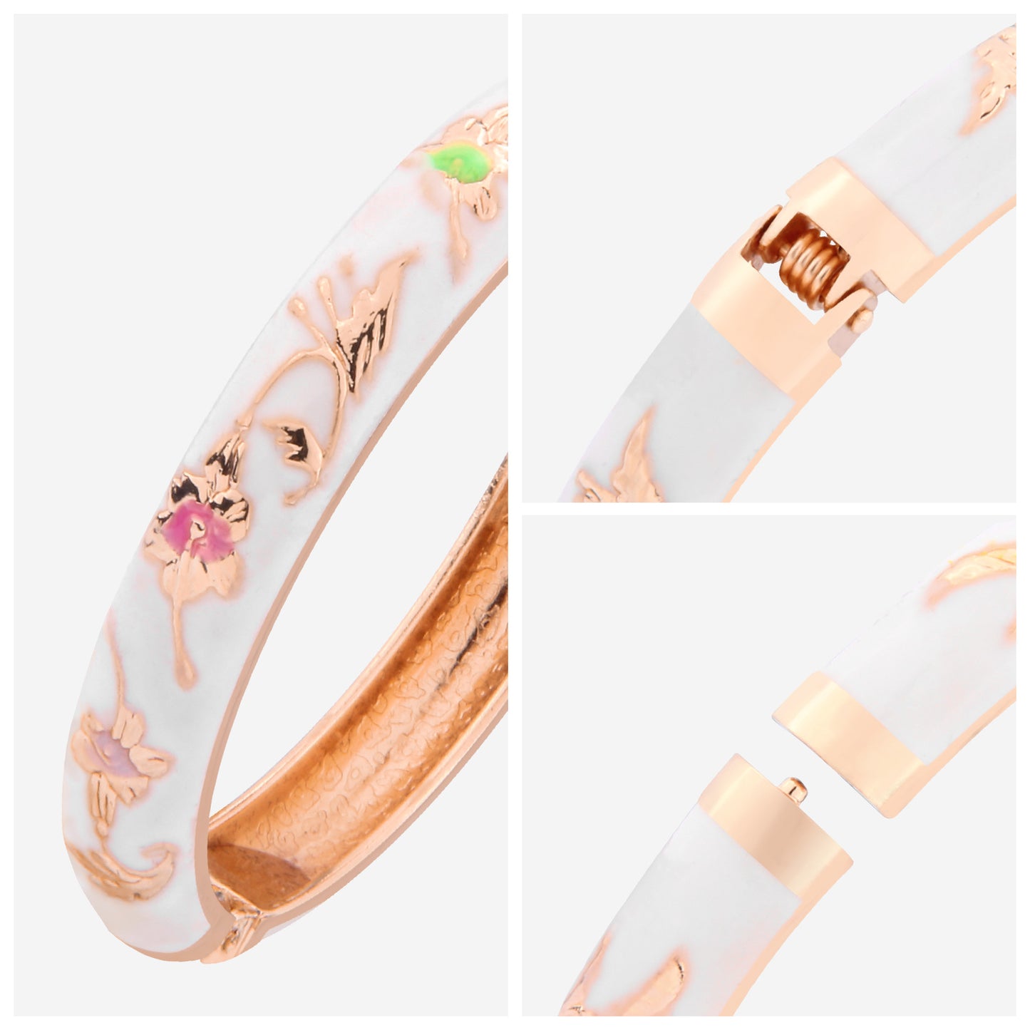 UJOY Cloisonne Bangle White Green Floral Rose Gold Bracelet Gifts for Women Girls 605105