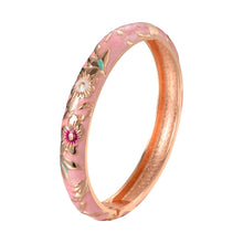 Load image into Gallery viewer, UJOY Cloisonne Bangle Pink Enamel Gold Flower and Bird Pattern Bracelet Gifts for Women Girls 611105