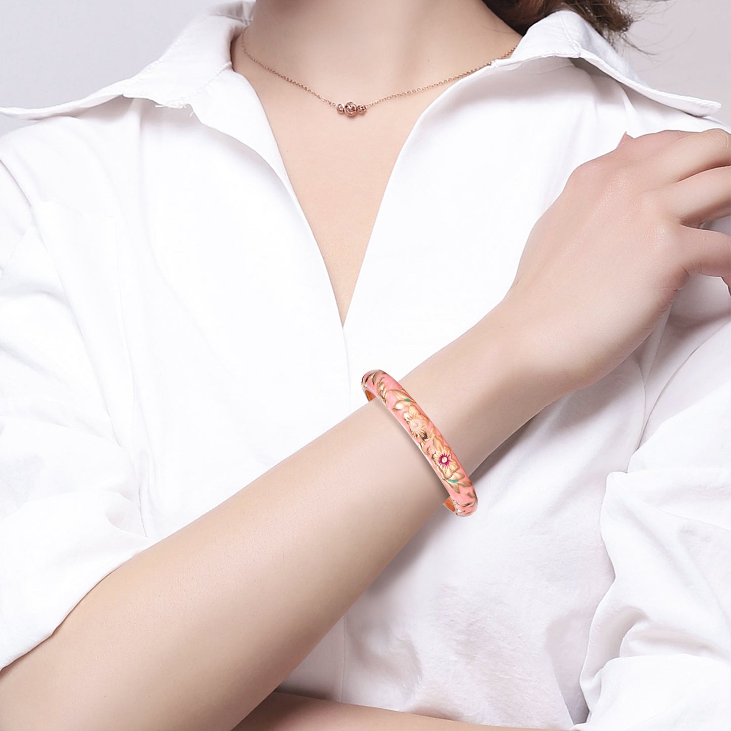 UJOY Cloisonne Bangle Pink Enamel Gold Flower and Bird Pattern Bracelet Gifts for Women Girls 611105
