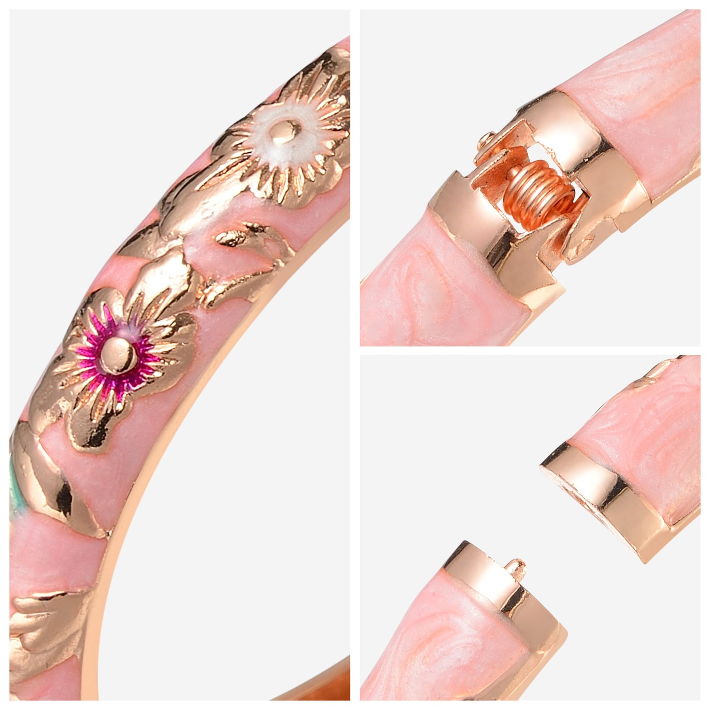 UJOY Cloisonne Bangle Pink Enamel Gold Flower and Bird Pattern Bracelet Gifts for Women Girls 611105